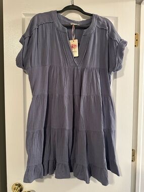 Dusty Blue Tiered Gauze V-Neck Tunic Dress
